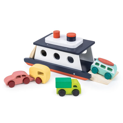 Mentari Toys - Car Ferry - Wooden Boat Set with 4 Vehicles - Includes Car, Caravan, Campervan, and Truck - Interactive Loading & Unloading Toy for Fine Motor Skills, Gift for Toddlers Age 3+