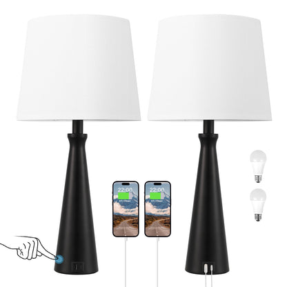 Seealle Modern Table Lamps Set of 2 - Touch Bedside Lamp for Nightstand with Dual USB C+A,3-Way Dimmable Black Nightstand Lamps for Living Room Bedroom End Table(Bulb Included)