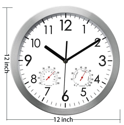 WOOPHEN 12 Inch Wall Clock with Temperature and Humidity, Battery Operated Non Ticking Silent Metal Frame Wall Clocks for Office, Home, Bathroom, Kitchen, Bedroom, School, Living Room(Silver)