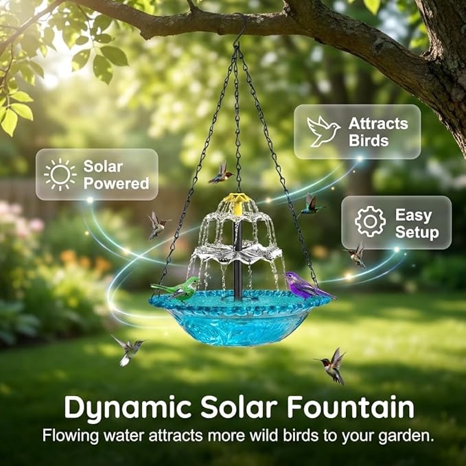 Solar Cascade Hanging Bird Bath Fountain, New Hanging Bird Bath with Flowing Water, Bird Bath Fountain Decorative Garden Yard Patio for Outdoor (Blue)