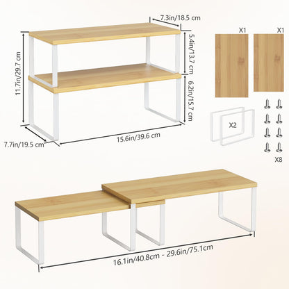 NEX Bamboo Cabinet Organizer Shelf, Set of 2 Kitchen Counter Shelves, Spice Rack, Stackable Kitchen Shelves Organizer, Pantry Cupboard Dish Mug Cup Storage Shelf, White and Natural