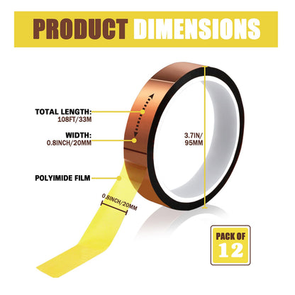 MEBMIK Heat Tape for Sublimation Transfer, Heat Resistant, Adhesive Transfer Tape, Thermal, No Residue, 12 Rolls 20mm x33m(108ft)