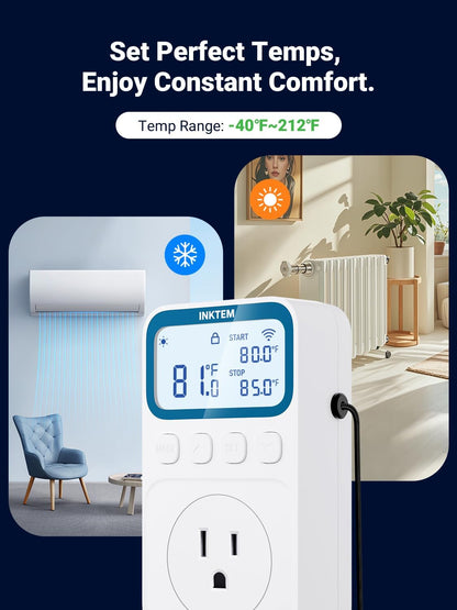 INKTEM WiFi Plug in Thermostat Outlet, Temperature Controlled Outlet with Smart APP, Timer & Memory Digital Temp Controller -40~212℉, IP67 Waterproof Probe for Incubator Homebrew Reptile Space Heater