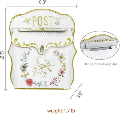 Wall Mount Mailboxes for Outside Vintage Mail Boxes for House Outside Metal Door Mailbox Drop Box Antique Style Nostalgic Charm Home Decorative, White