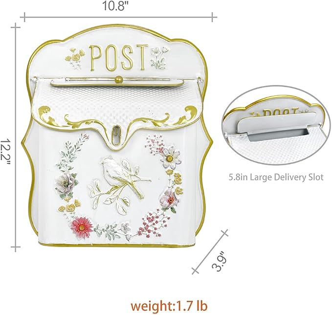 Mailbox Wall Mount Mailboxes for Outside Vintage Mail Boxes for House Outside Metal Drop Box Antique Style Nostalgic Charm Home Decorative, Bird Pattern, White