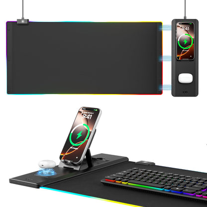 KDD RGB Mouse Pad with Wireless Charging - Desk Mat with Phone Holder and 15W Fast Charger - Gaming Mousepad with Ultra-Smooth Surface, Non-Slip Base - Keyboard Mat for Home Office Gamer Accessories