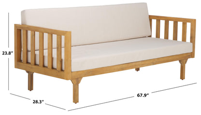SAFAVIEH Outdoor Patio Furniture Collection - Napoli Oak Brown & Cream 3-Seater Wooden Bench with Cushions, Modern Slatted Design (PAT6804B)