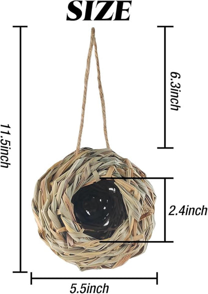 TIHOOD 4PCS 5.5inch Hanging Hummingbird Nest House for Outside, Ball Shape, Hand Woven, Durable Sturdy, Made of Natural Grass, Perfect for Garden Patio Lawn Office Indoor