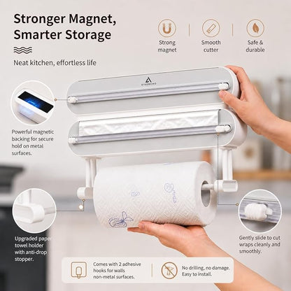 Magnetic Plastic Wrap Dispenser with Cutter, 3-in-1 Kitchen Wrap Organizer for Plastic Wrap, Aluminum Foil & Cling Film, Wall Mount Wrap Dispenser with Paper Towel Holder (3 in 1)