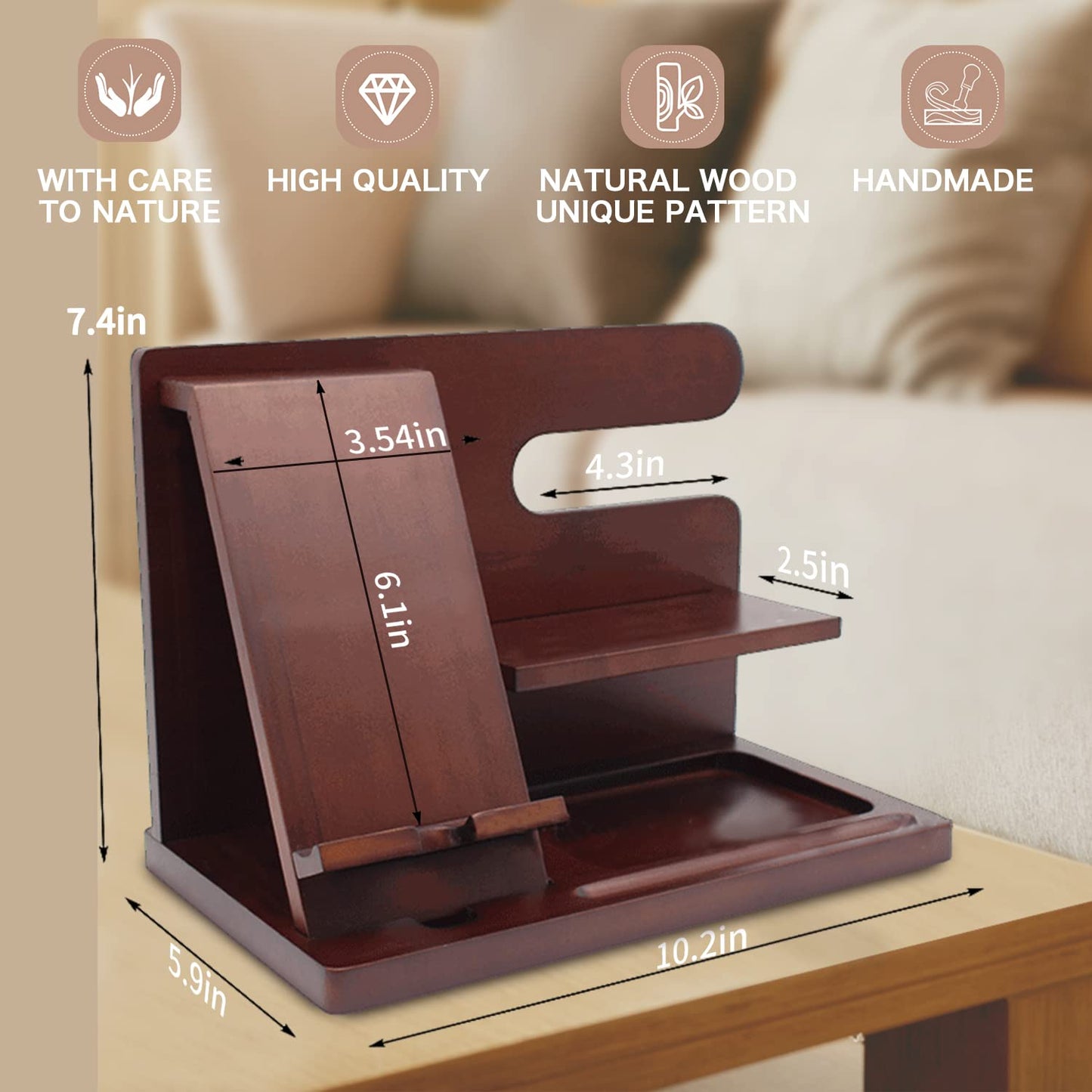 OUTXE Wood Phone Docking Station, Men Gifts Nightstand Organizer for Phone, Keys, Wallet, Glasses, Gifts for Dad's Birthday, Christmas, Father's Day, Anniversary