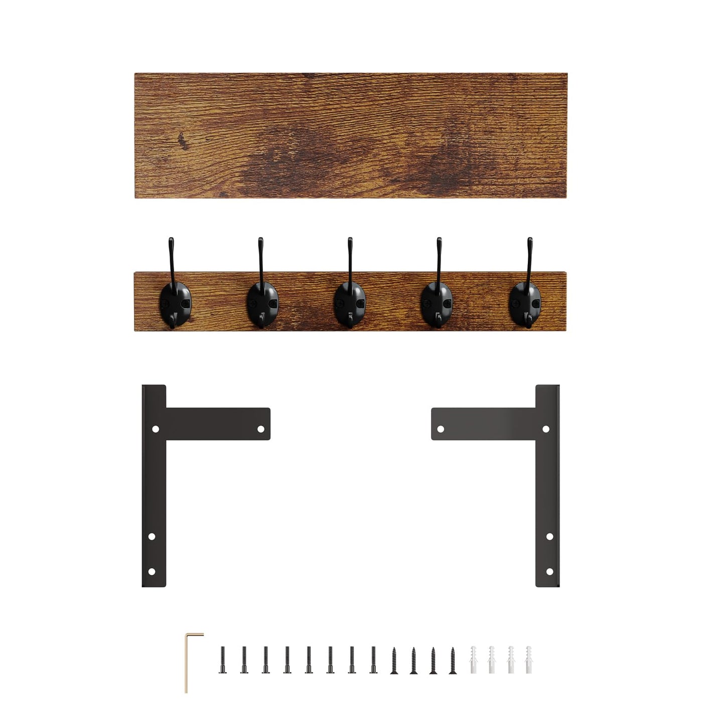 FNBAR Wall Hooks with Shelf, Wood Coat Rack with Shelf Wall-Mounted, Entryway Hanging Shelves with 5 Metal Hooks for Clothes Hats Towel Purse Robes, Bathroom Mudroom Bedroom, Rustic Brown