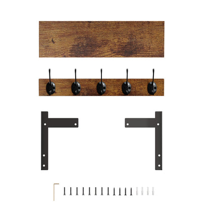 FNBAR Wall Hooks with Shelf, Wood Coat Rack with Shelf Wall-Mounted, Entryway Hanging Shelves with 5 Metal Hooks for Clothes Hats Towel Purse Robes, Bathroom Mudroom Bedroom, Rustic Brown