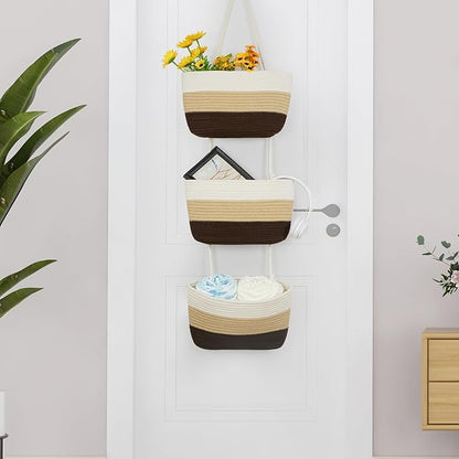 TeoKJ Over the Door Hanging Baskets, 3-Tier Woven Cotton Storage Organizer Bag