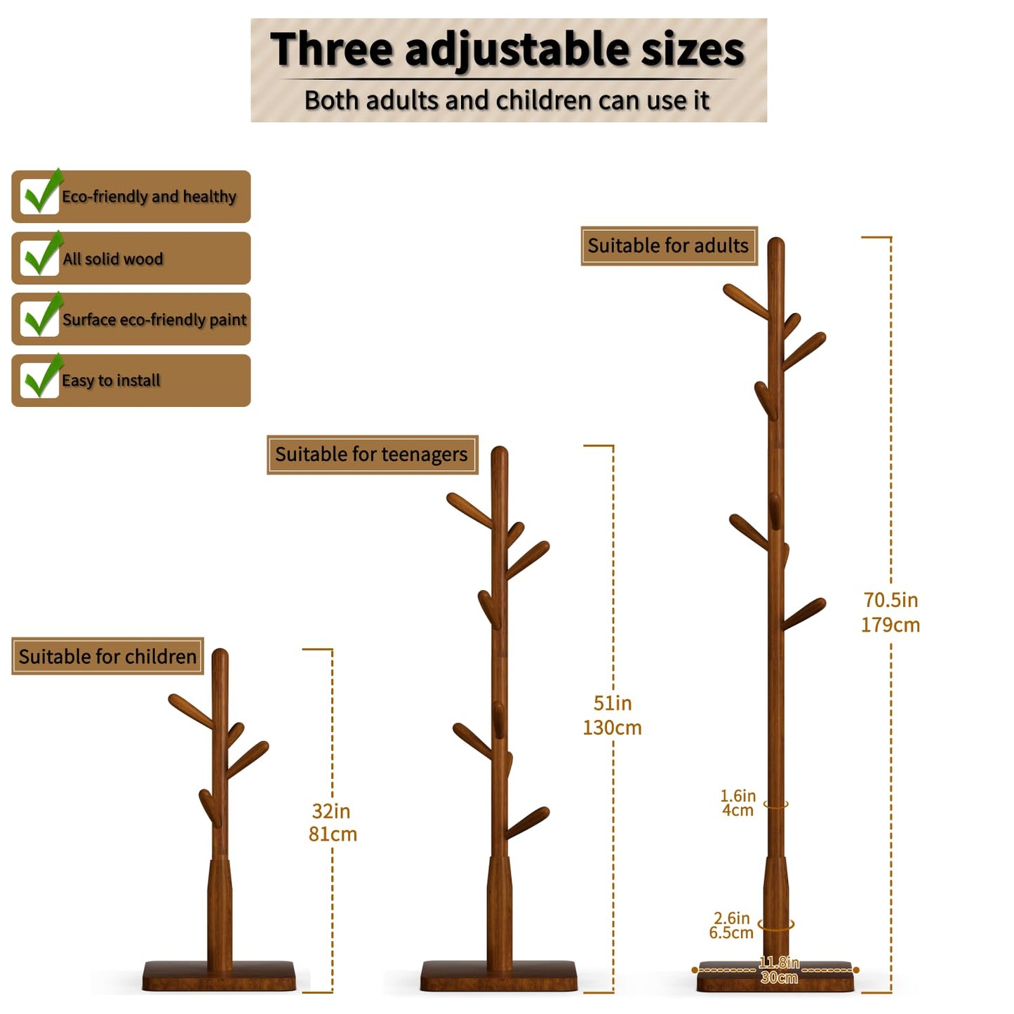 Awatiwa Solid Wood Square Base Coat Rack, Free Standing Hall Coat Tree with 8 Hooks（+2 spare for Coats, Hats, Bags, Purses, for Entryway, Hallway, Rubberwood Hooks,Base and Pole,(Square Base,Brown)