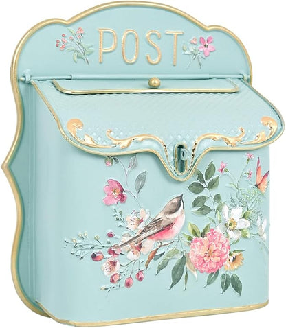 BIG FORTUNE Wall Mount Mailbox for House Outside Vintage Metal Door Mailbox Antique Style Nostalgic Charm Home Decor Garden Vintage English Cottage Decor Flower Patter (LightGreen)