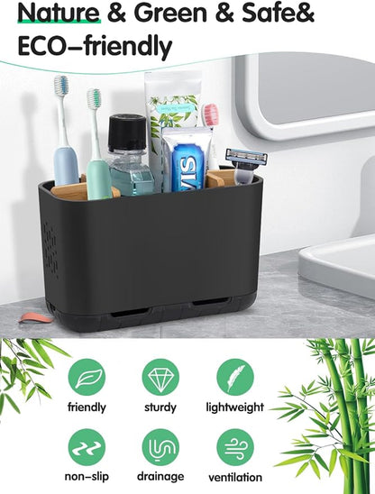 Black Toothbrush Holder, Bamboo Toothbrush and Toothpaste Holder
