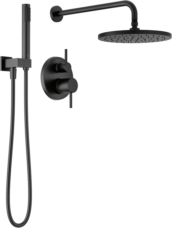 Delta Modern 14 Series Round Rain Shower System Faucet Set, Rainfall Matte Black Shower Head and Handle Set, Valve Trim Kit, 10 Inch, Matte Black T342702-BL (Valve Not Included)