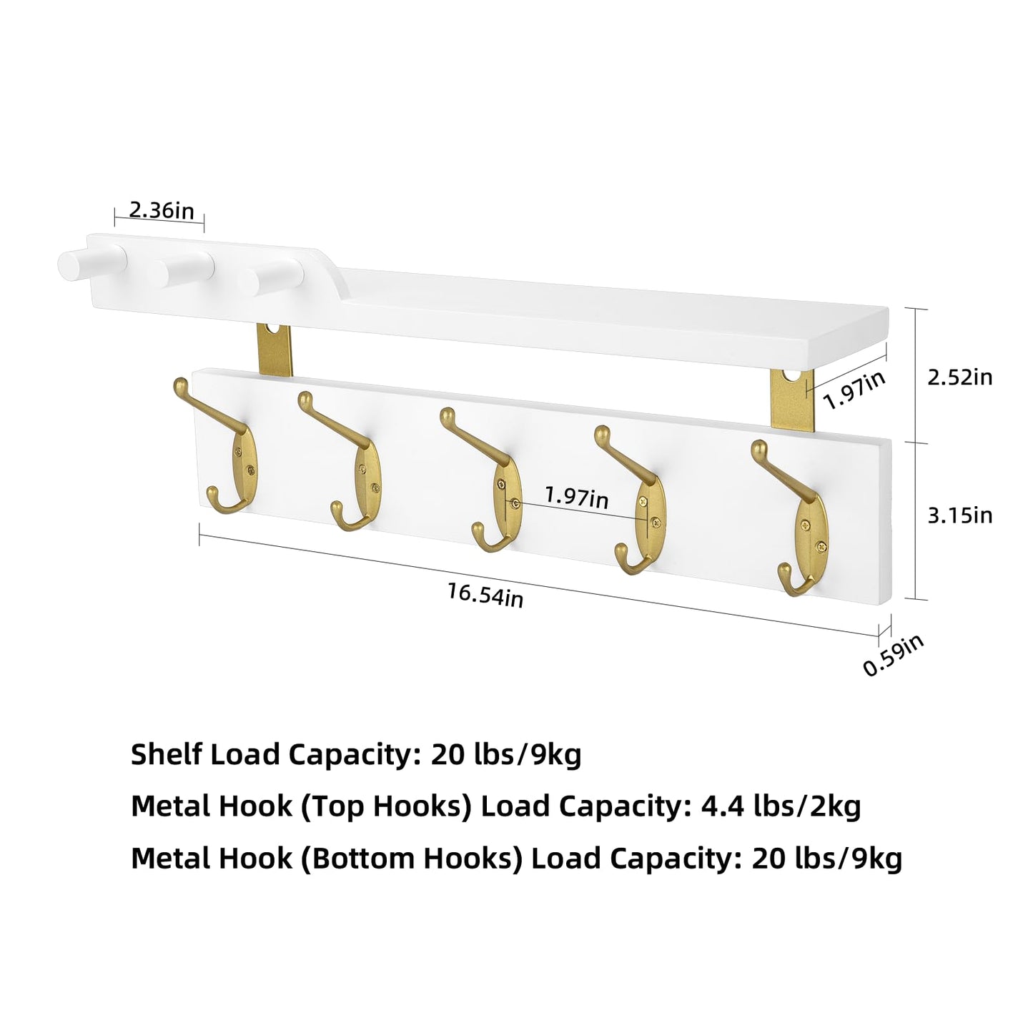Lampaggio Wall Mounted Coat Rack with Shelf, 5 Gold Double Hooks, 3 Pegs, 16.5 inches White Wood Floating Shelf for Entryway, Bathroom, Bedroom