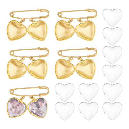 SUPERFINDINGS 5 Set Wedding Bouquet Photo Charm Gold Bridal Brooches Pins DIY Pin Brooch Making Kit Alloy Double Heart Style Pendant Memorial Photo Charm for Women Wedding Memory Bridal Jewelry Gift