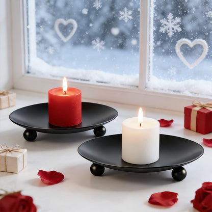 FENKOO Iron Plate Candle Holder, Black Candle Plate, Set of 2,Decorative Candle Stand for Wax Candles，Incense Cones, Spa, Christmas & Birthdays (Black)