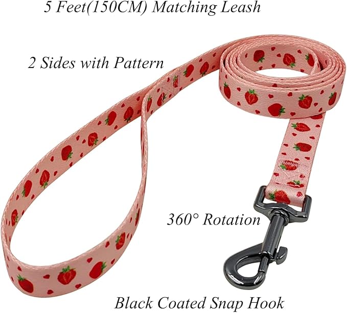 Dog Collar Leash Set, Fruit Pattern, Polyester Material, Adjustable Collar and 5ft Matching Leash, for Puppy Dogs.(XS, Strawberry)