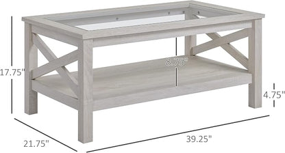 HOMCOM Farmhouse Style Coffee Table with Wood Frame, Tempered Glass Tabletop and Underneath Storage Shelf, Side Table for Living Room, 39.25"x21.75", White Oak