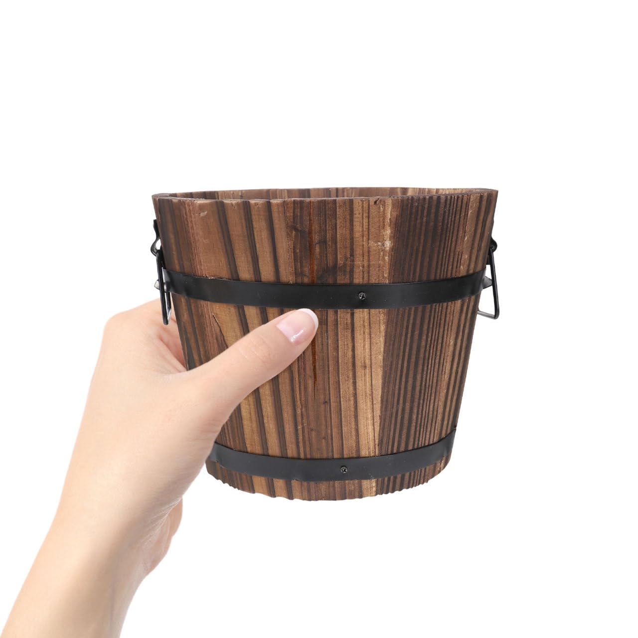 DOITOOL Rustic Wooden Barrel Planter: Wood Whiskey Barrel Bucket Flower Pots Indoor Outdoor Plants Boxes Container for Home Garden Patio Backyard - 7.08 x 5.9 x 5.1 inches (Large)
