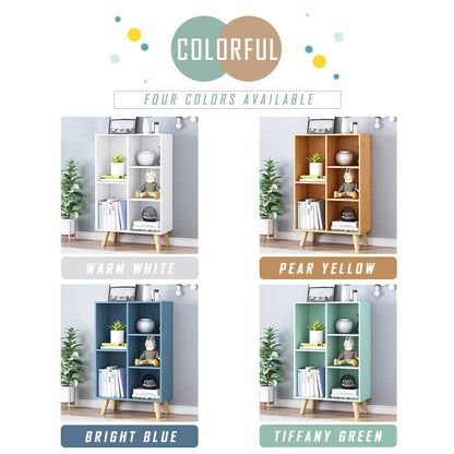 IOTXY Wooden Open Shelf Bookcase - 3-Tier Floor Standing Display Cabinet Rack with Legs, 5 Cubes Bookshelf, Pear Yellow