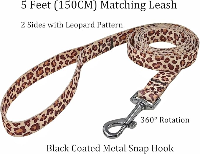 Dog Collar Leash Set, Leopard Pattern, Polyester Material, Adjustable Collar and 5ft Matching Leash, for Medium Dogs.(M, Light Coffee Leopard)