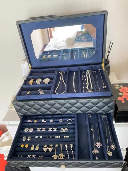 SANSREPONSE Wooden Extra Large Jewelry Box Organizer Luxurious Faux-Leather with Drawer Trays Mirror Earrings Necklace Ring Rests for Women(Black)