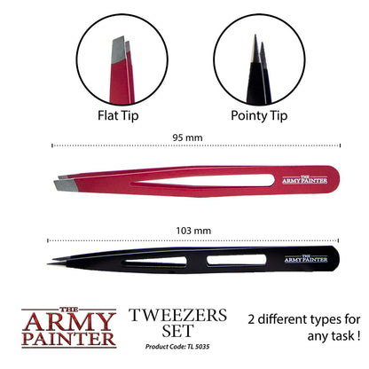 The Army Painter 2-Piece Precision Tweezers, Set of Slant & Pointy Tweezers, Craft Tweezers Precision Fine Point for Assembling Miniatures, Small Crafting Tweezers: 95mm Flat Tip & 103mm Pointy Tip