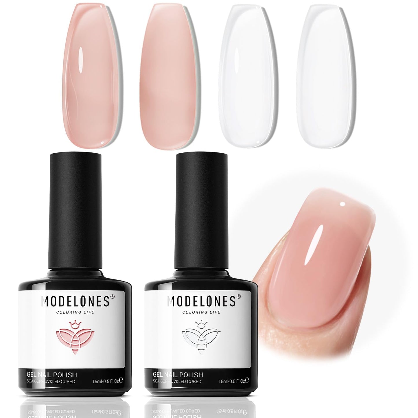 modelones Gel Nail Polish Set 2 Pcs 15ml French Manicure Kit White Nude Pink Jelly Sheer Gel Polish Soak Off UV LED Classic French Tip Gel Polish Natural Nail Art DIY Gift for Women