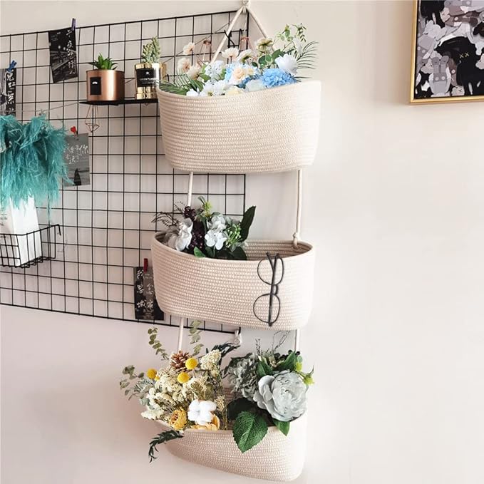 TeoKJ Over the Door Hanging Baskets, 3-Tier Woven Cotton Storage Organizer Bag