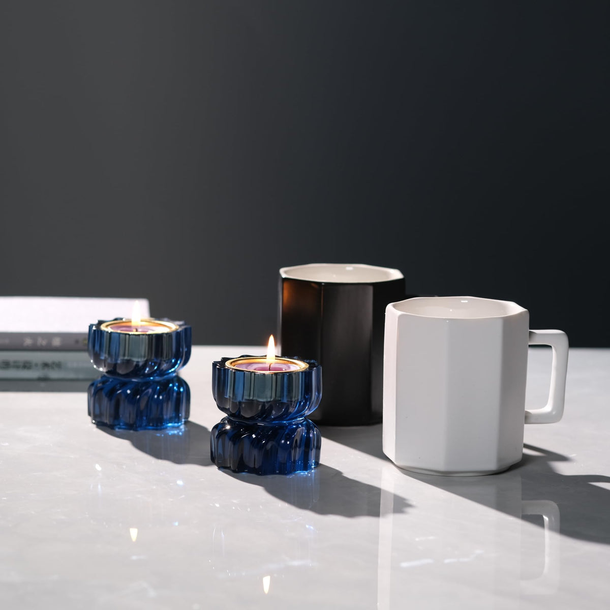 ICNBUYS Twizzle Twist Tealight Holder, Decorative Tealight Candle Holder for Table Display, Unique Home Décor, Housewarming Gift, Spiral Sculpture Diwali Tea Light Stand Black Blue Resin Set of 2
