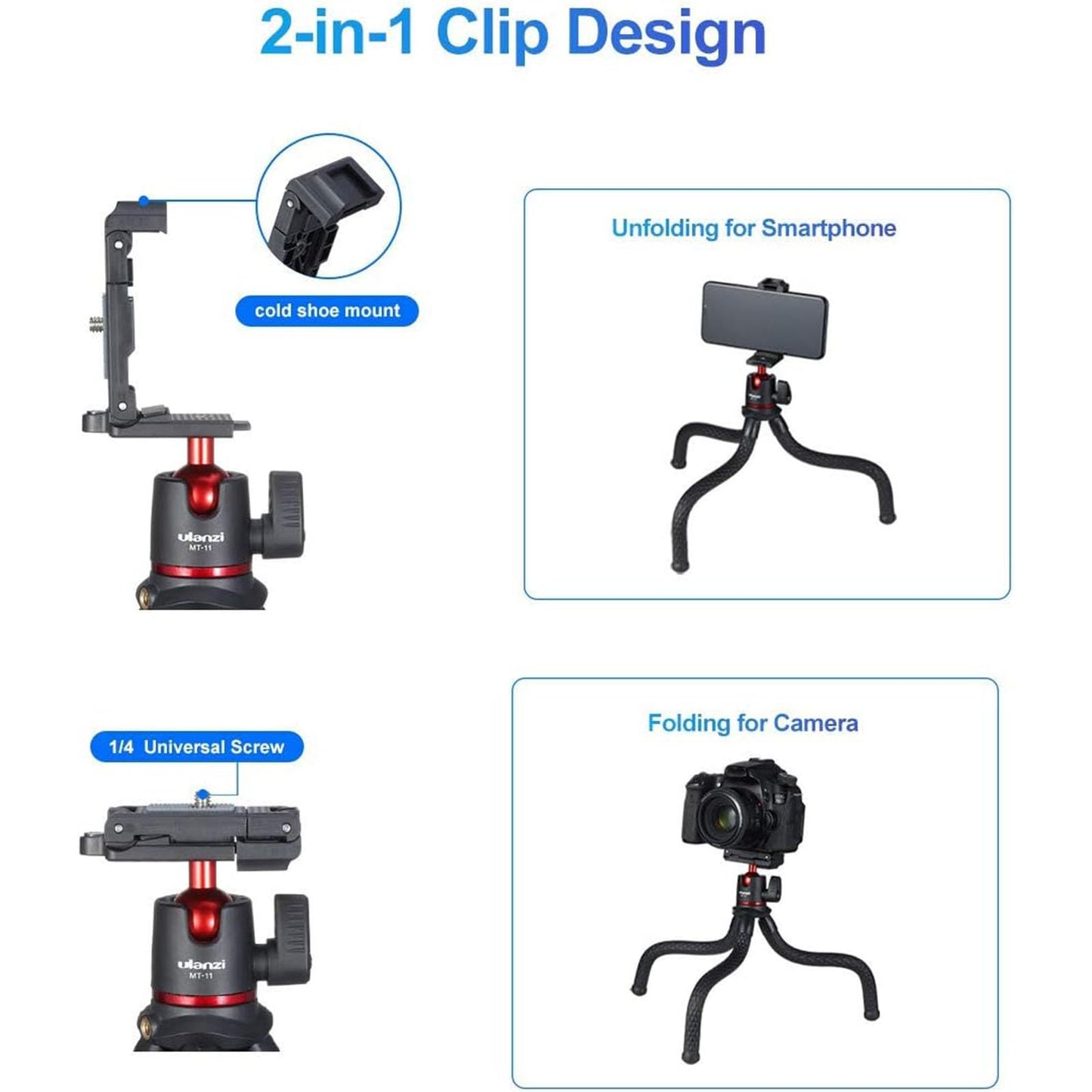 ULANZI Camera Tripod, Mini Flexible Stand w Hidden Phone Holder w Cold Shoe Mount, 1/4'' Screw f Magic Arm, Universal f iPhone 17 16 15 14 Pro Max XS Max Canon Nikon Sony DJ Pocket 4/3 Cameras