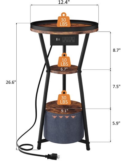 Yusong Round Side Table with Charging Station, Small Drink Table for Small Spaces, 3-Tier Industrial End Table, Accent Nightstand Bedside Table for Living Room, Bedroom, Sofa Couch, Rustic Brown