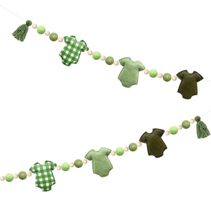 Sage Green Plaid Baby Clothes Decorations Pre-Strung Handmade Felt Baby Clothes Wooden Bead Wool Felt Ball Banner Garland for Neutral Gender Reveal Baby Shower Party Nursery Fireplace Home Decor