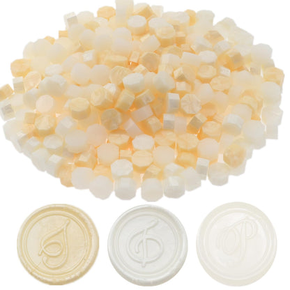 Wax Seal Kit with Warmer, ONWINPOR 300pcs Sealing Wax Beads in 3 Colors, Non-Slip Spoon, Candles for Envelopes, Stamp Letter Seal,Wedding Invitations (Pearl White Mix)