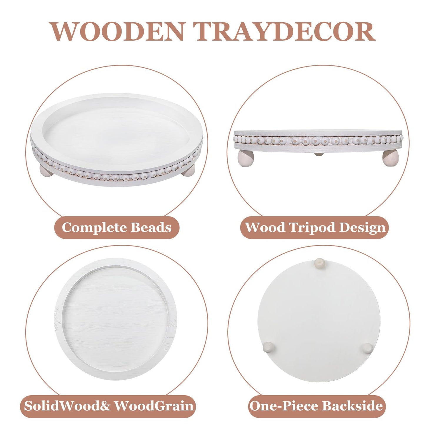 Yleuuiry 11.8 Inch Round Wooden Decorative Tray, Distressed White Farmhouse Beaded Tray for Coffee Table, Rustic Wood Centerpiece Tray with Beaded Edge for Kitchen Counter, Candle, and Home Decor