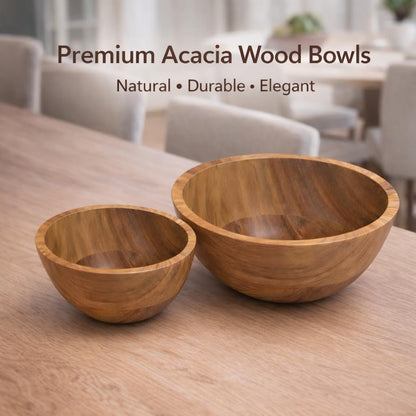 AYANSHITIK Acacia Wood Bowls Set of 2 – Small & Large Wooden Serving Bowls, 100% Natural Solid Acacia, Smooth Finish, Water Resistant, Easy to Clean, Salad Snack Fruit Kitchen Bowls