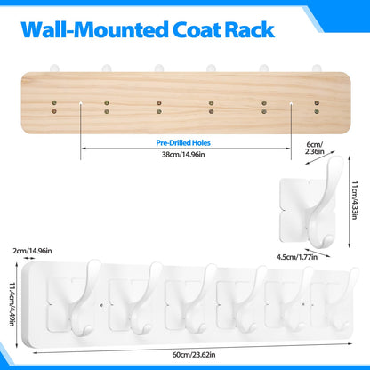 VIEBSOTG Solid Pine Wooden Wall-Mounted Coat Rack - Rustic Entryway Organizer with 6 Zinc Alloy Hooks, Space Saving Wall Coat Hanger for Jackets, Hats, Bags, Towels & Robes (White, 6 Double Hooks)