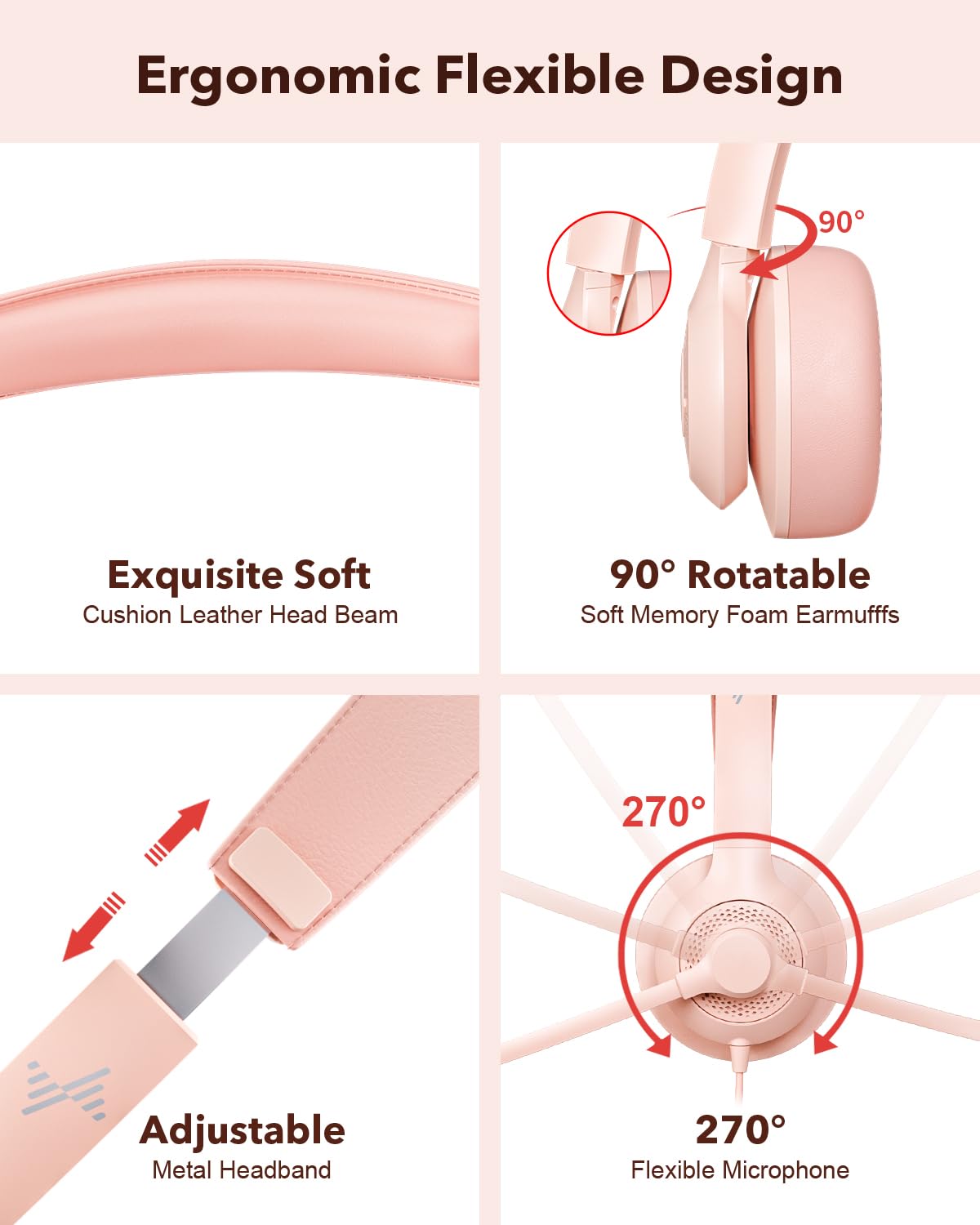 JIAMQISHI USB Headset with Microphone for PC, On-Ear Computer Laptop Headphones with Noise Cancelling Mic in-line Control for Home Office Online Class Zoom (USB+3.5mm, Pink)