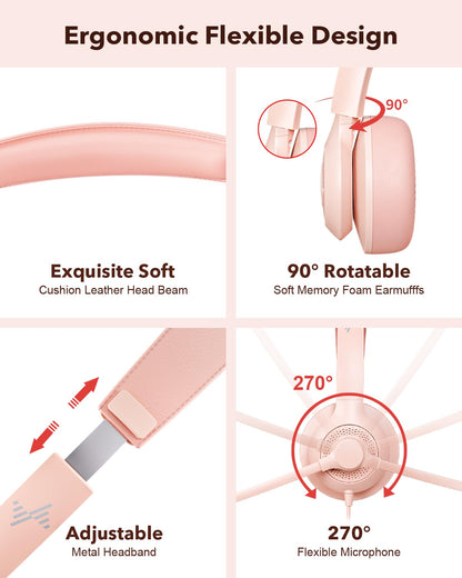 JIAMQISHI USB Headset with Microphone for PC, On-Ear Computer Laptop Headphones with Noise Cancelling Mic in-line Control for Home Office Online Class Zoom (USB+3.5mm, Pink)