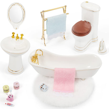 SAMCAMI Ceramic Dollhouse Furniture 1 12 Scale - Doll House Furniture Toys for Dollhouse Bathroom - Miniature Furniture Incl Toilet, Bathtub, Washbasin, Fluffy Carpet and Other Dollhouse Accessories