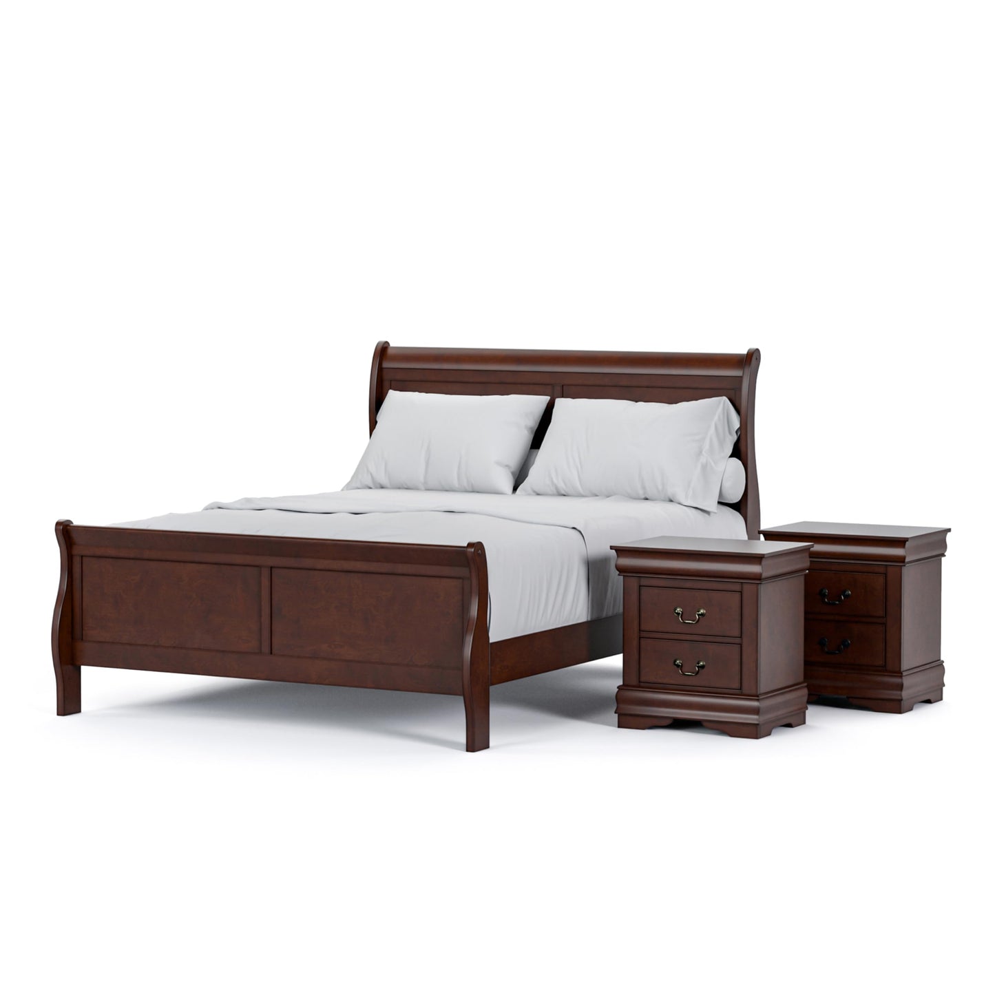 Furniture of America Louis Philippe Traditional Solid Wood 3 Piece Bedroom Set, Queen Bed Frame and Nightstands Set of 2, Sleigh Design Bedframe with Headboard and Footboard, Box Spring Needed, Cherry