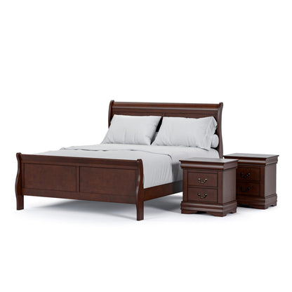 Furniture of America Louis Philippe Traditional Solid Wood 3 Piece Bedroom Set, Queen Bed Frame and Nightstands Set of 2, Sleigh Design Bedframe with Headboard and Footboard, Box Spring Needed, Cherry