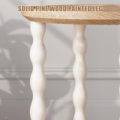 Round End Table, 2-Tier Farmhouse End Table, 18.5'' Handcrafted Weathered Look Wooden Nightstand, Pine Leg, Small Side Tables for Living Room, Small Space, Bedroom, Boho, Easy Assembly, Cream Beige