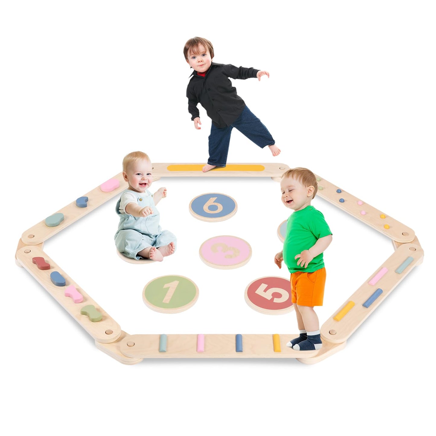 XYMERO Kids Wooden Toddler Balancing Beam, 6 PCS Toddler Waldorf and Montessori Balance Board, Motor Skill Stepping Toy for Kids 3-5 Years, Gymnastic Obstacle Training Tools