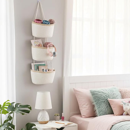 TeoKJ Over the Door Hanging Basket, 3-Tier Woven Cotton Wall-Mounted Storage
