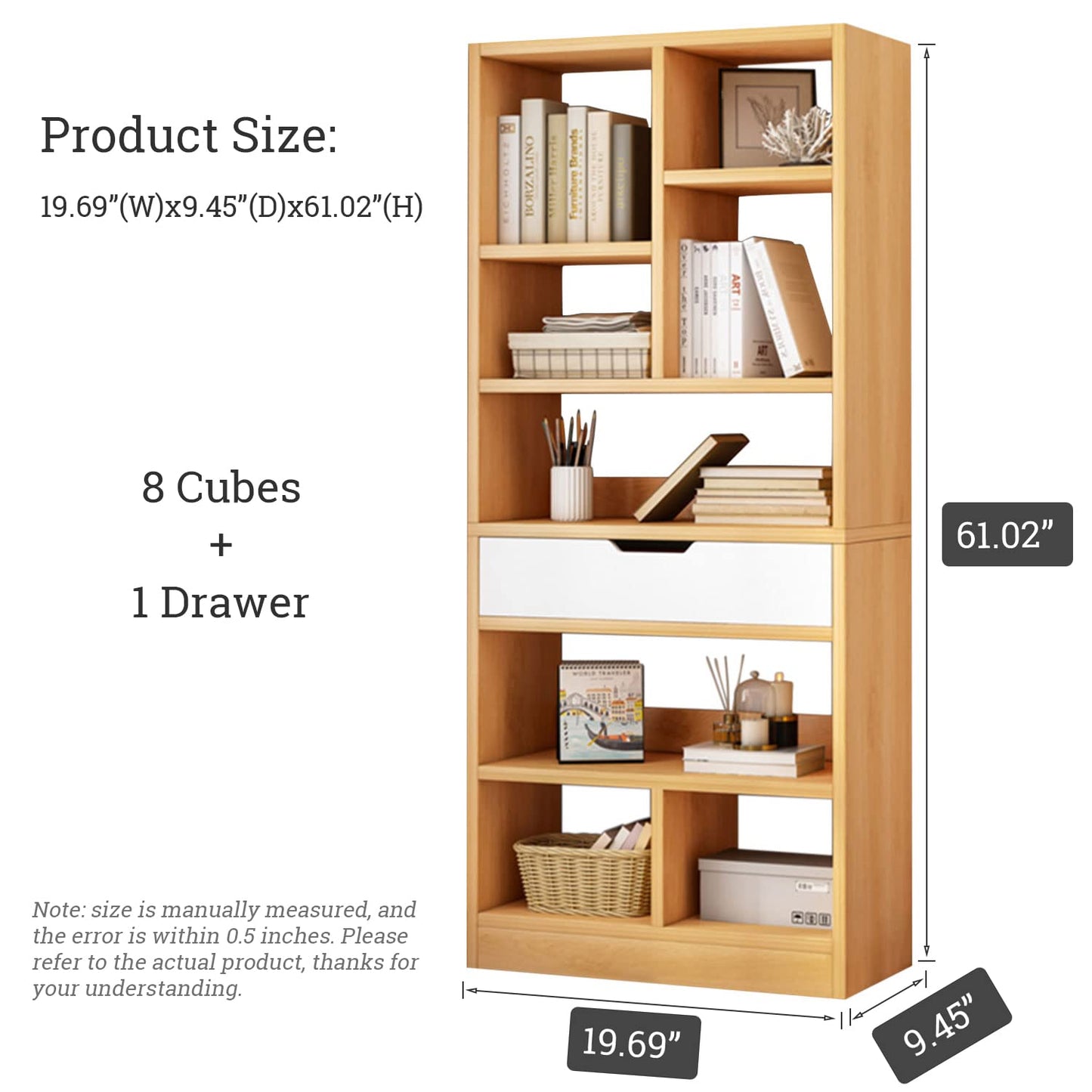 IOTXY Wooden Open Shelf Bookcase - 61 Inches Height Freestanding Display Storage Cabinet Organizer with 8 Cubes and a Drawer, Floor Standing Bookshelf in Maple Yellow